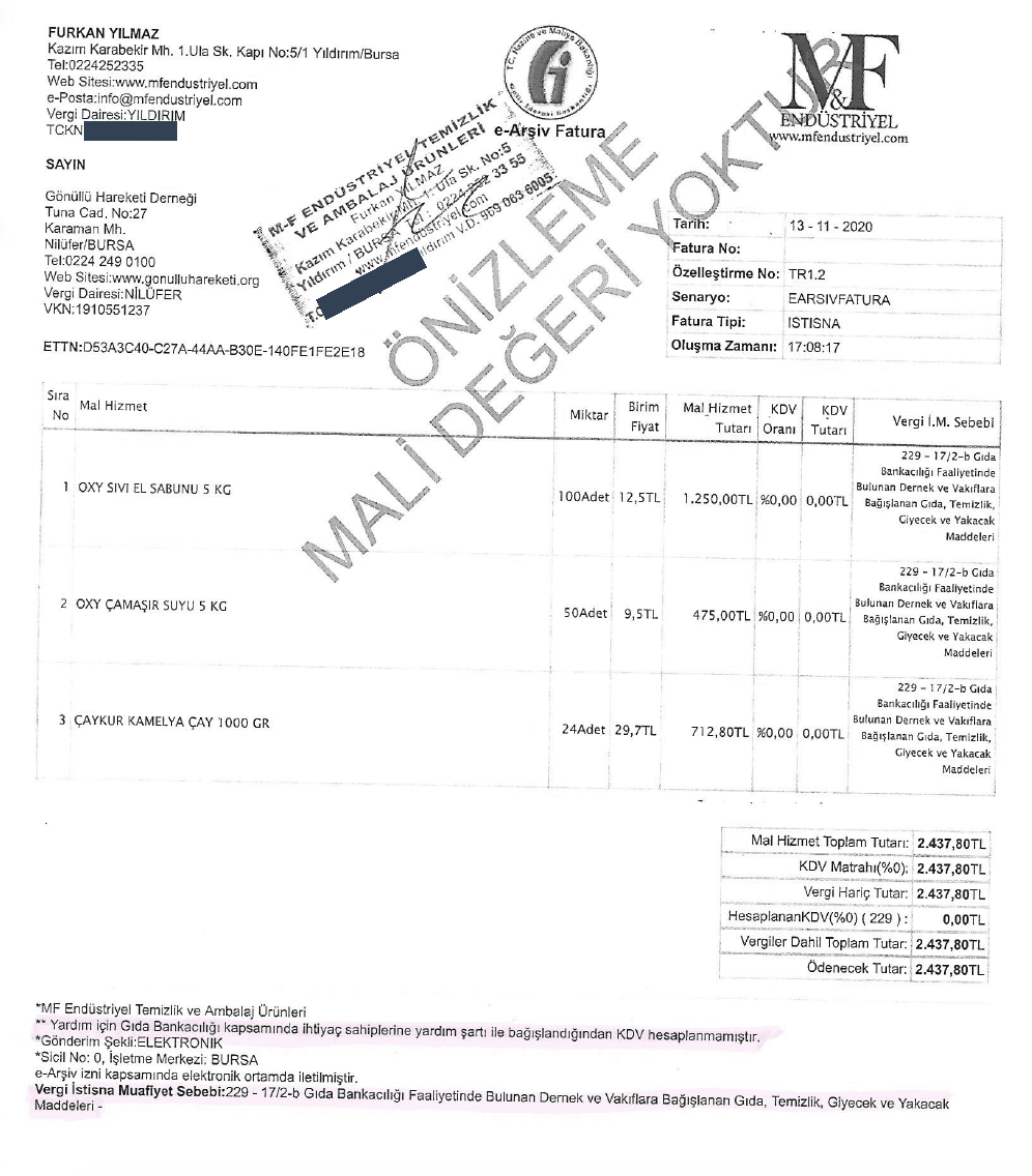 Sample invoice issued for an in-kind donation