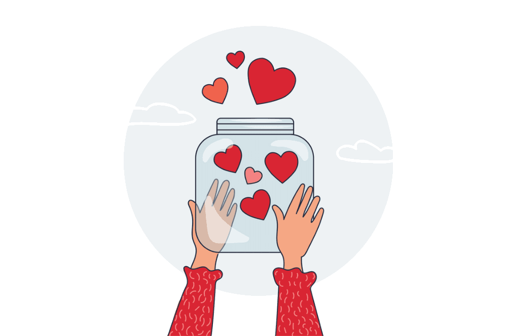 Hands reaching towards a donation jar full of hearts