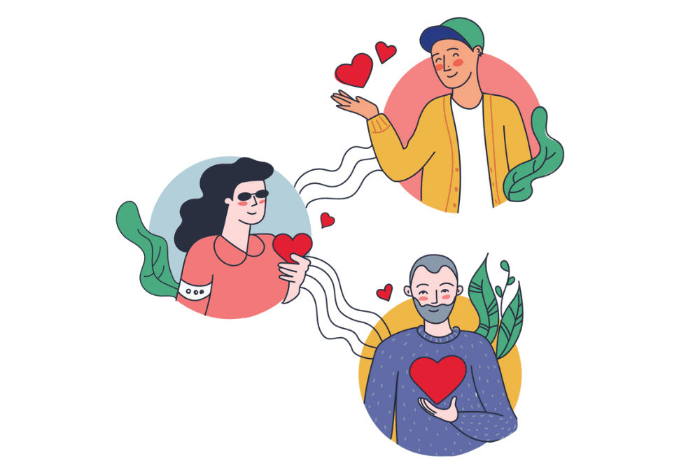 Three people passing a heart to one another